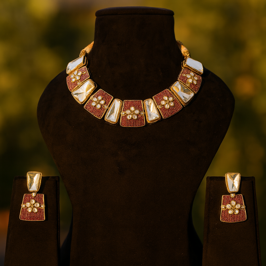 Aanura Bold Kundan Block Necklace Set with Earrings