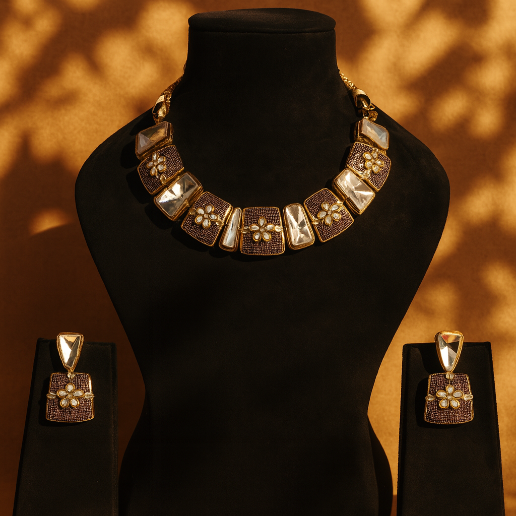 Aanura Bold Kundan Block Necklace Set with Earrings