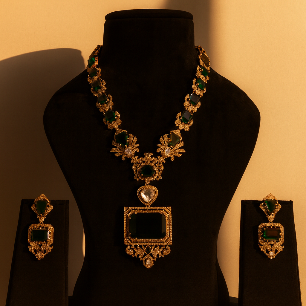 Aanura Grand Emerald Green Square Pendant Necklace Set