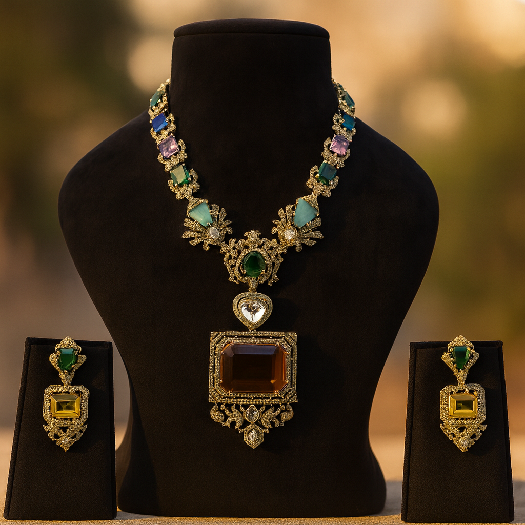 Aanura Grand Emerald Green Square Pendant Necklace Set