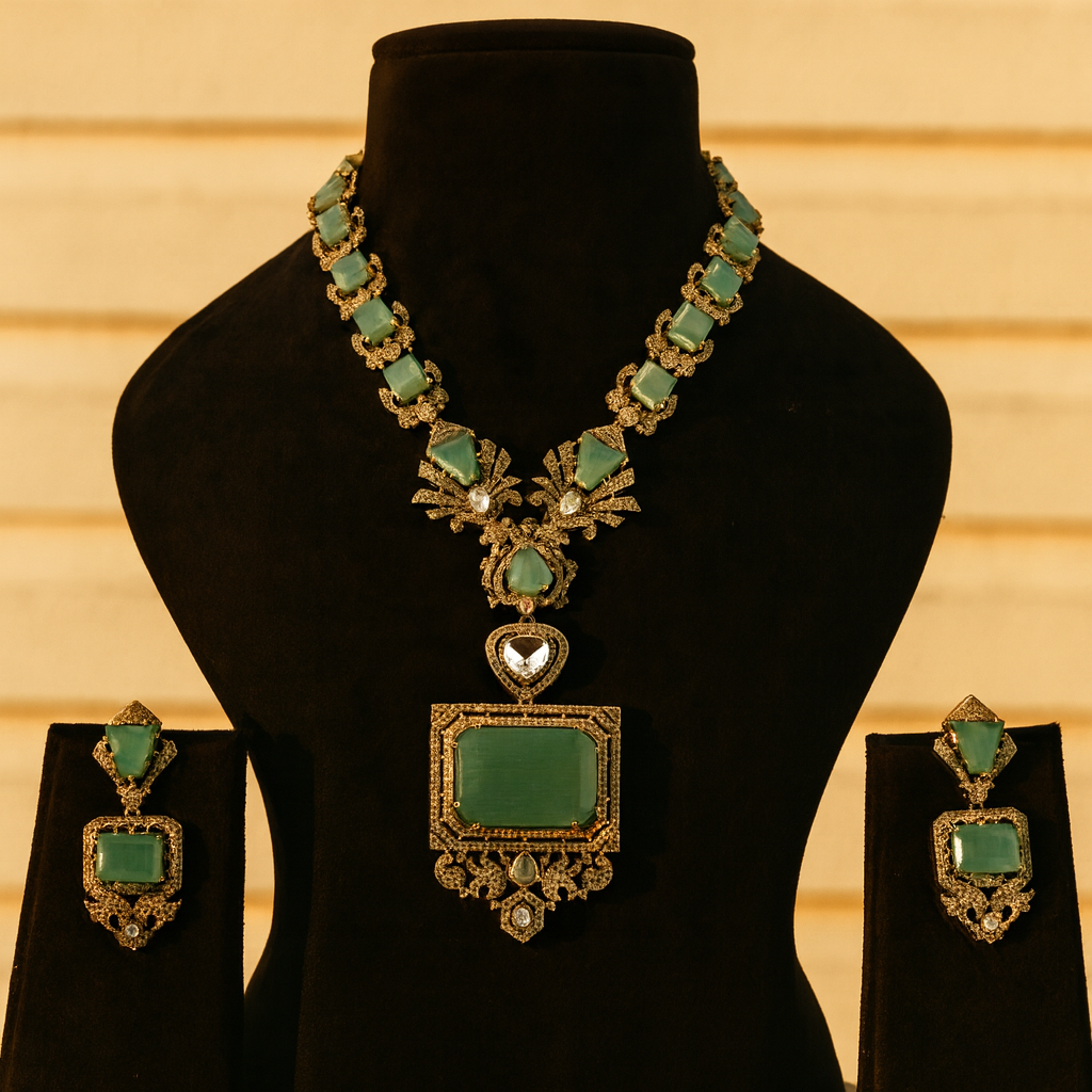 Aanura Grand Emerald Green Square Pendant Necklace Set