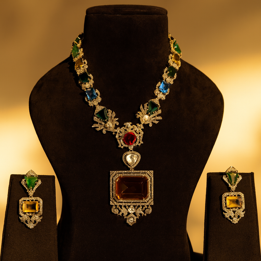 Aanura Grand Emerald Green Square Pendant Necklace Set