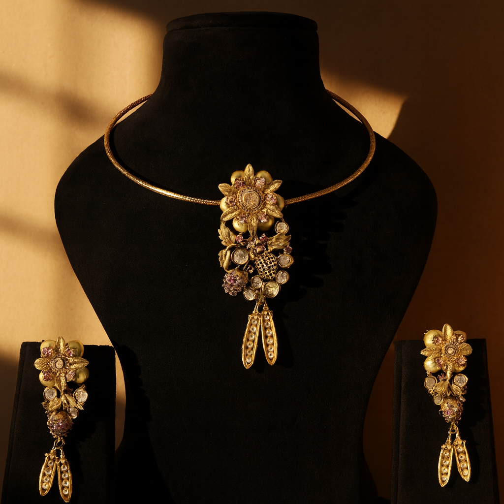 Aanura Antique Floral Pendant Necklace with Pearls