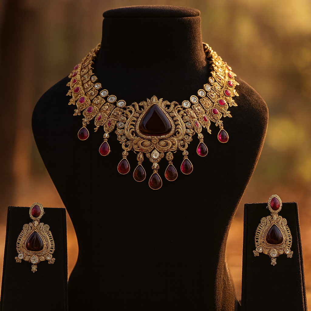 Aanura Antique Bridal Necklace with Ruby Red Stones