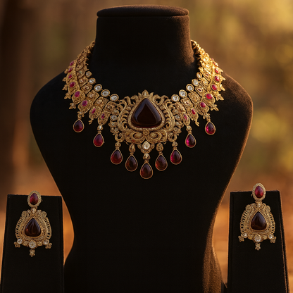 Aanura Antique Bridal Necklace with Ruby Red Stones