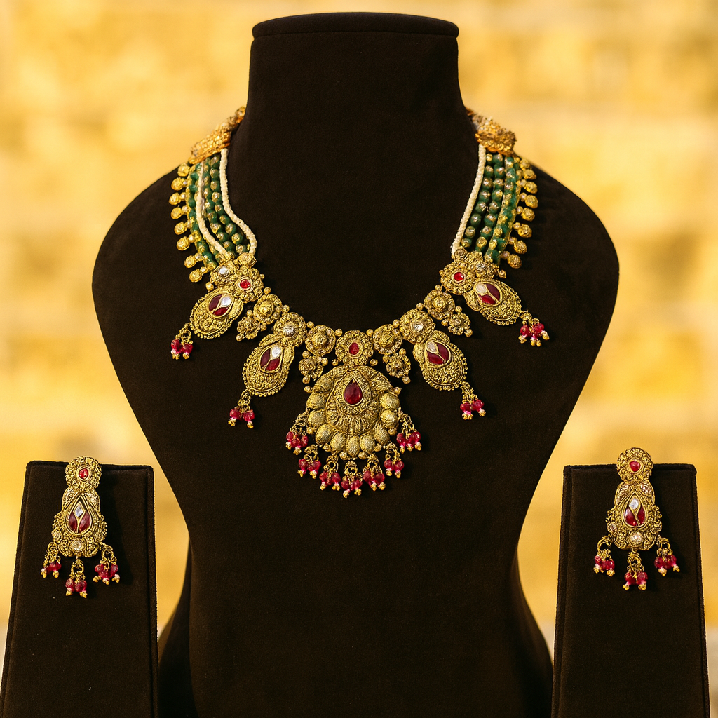 Aanura Temple Bridal Necklace with Ruby & Bead Strands