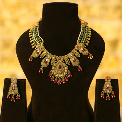 Aanura Temple Bridal Necklace with Ruby & Bead Strands