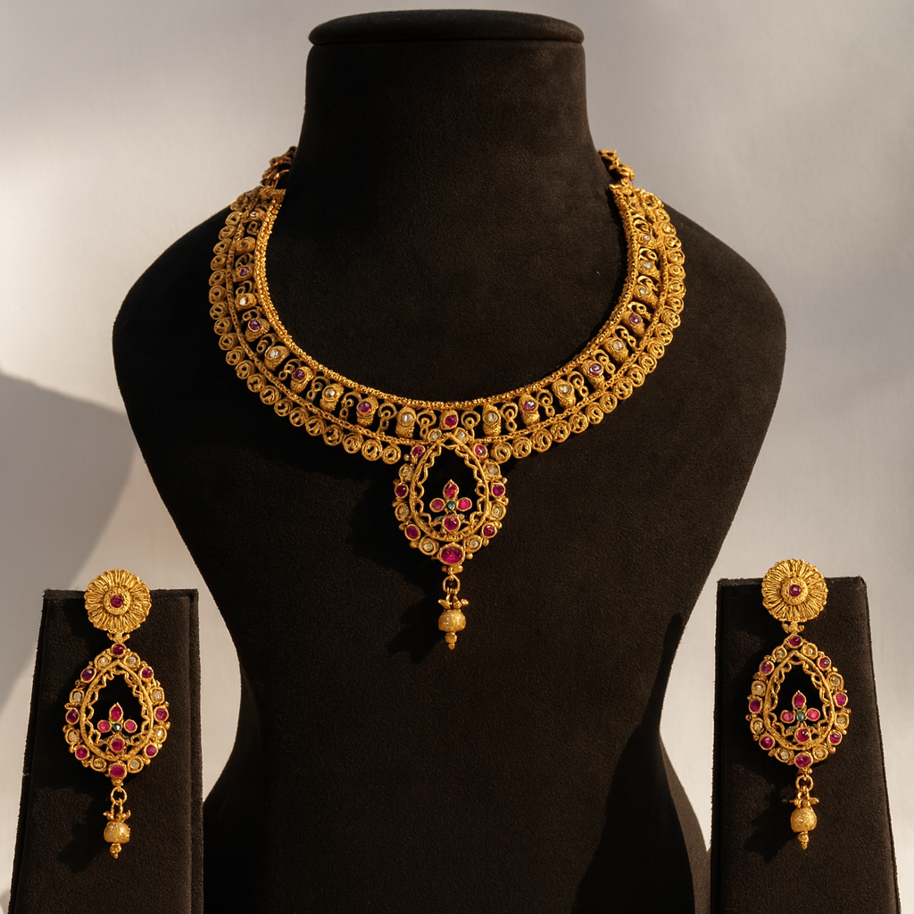 Aanura Antique Necklace with Ruby Teardrop Pendant