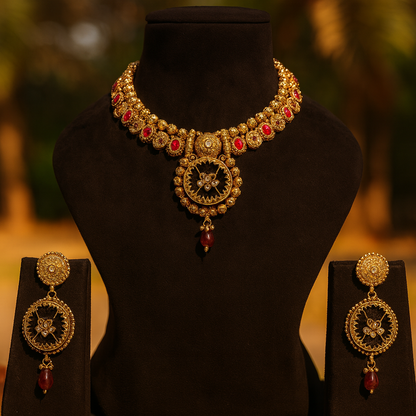 Aanura Circular Heritage Necklace with Green Stones