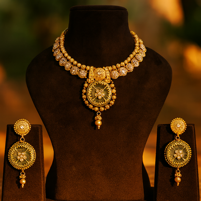 Aanura Circular Heritage Necklace with Green Stones