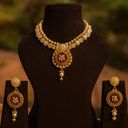 Aanura Circular Heritage Necklace with Green Stones