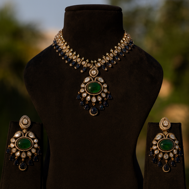 Aanura Royal Green Kundan Bridal Necklace with Earrings