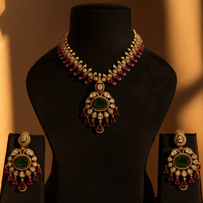 Aanura Royal Green Kundan Bridal Necklace with Earrings