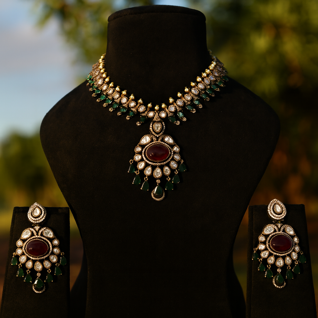 Aanura Royal Green Kundan Bridal Necklace with Earrings