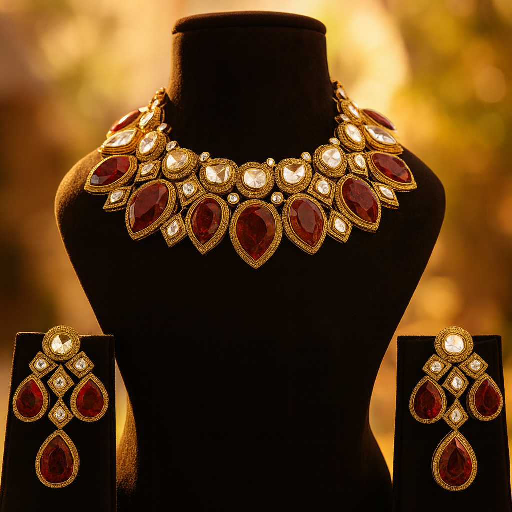 Aanura Grand Red Bridal Necklace with Kundan Embellishments