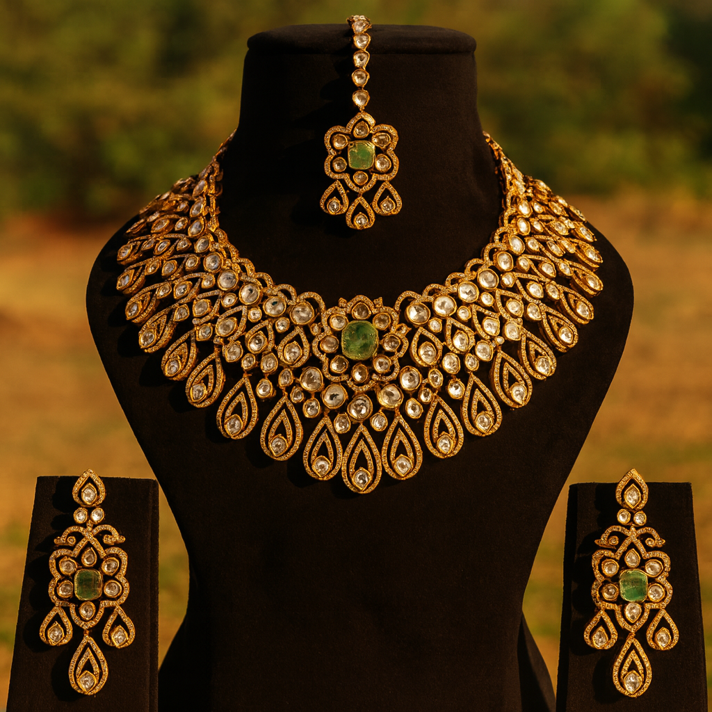 Aanura Bridal Emerald Kundan Necklace with Tikka Set