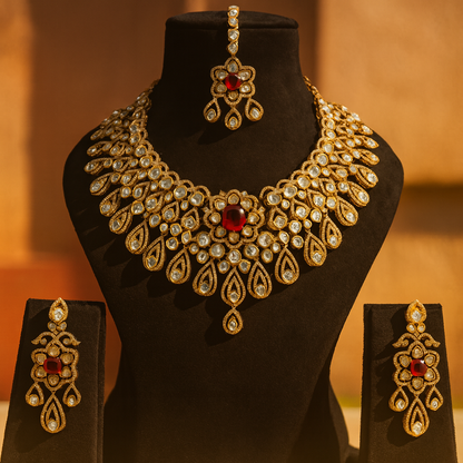 Aanura Bridal Emerald Kundan Necklace with Tikka Set