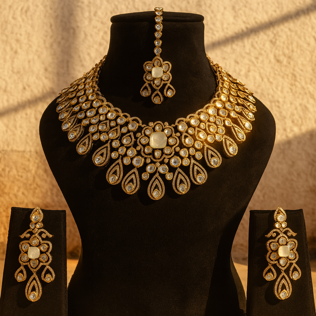 Aanura Bridal Emerald Kundan Necklace with Tikka Set