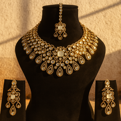 Aanura Bridal Emerald Kundan Necklace with Tikka Set