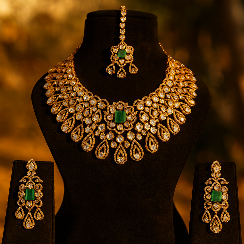 Aanura Bridal Emerald Kundan Necklace with Tikka Set