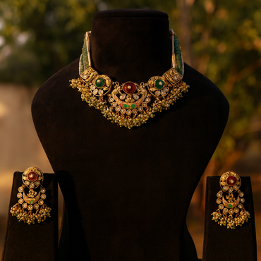 Aanura Temple-Style Choker with Kundan & Pearl Clusters