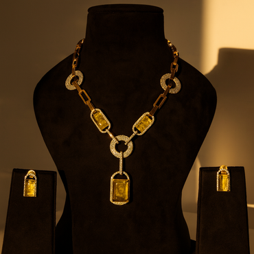 Aanura Yellow Stone Modern Necklace Set with Earrings