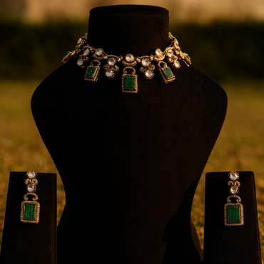 Aanura Green Carved Stone Choker Necklace Set with Earrings