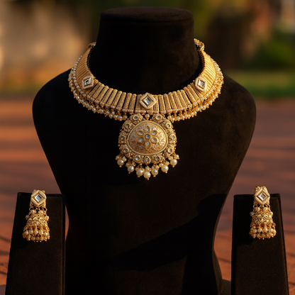 Aanura Kundan Choker Necklace with Green Stones & Pearls