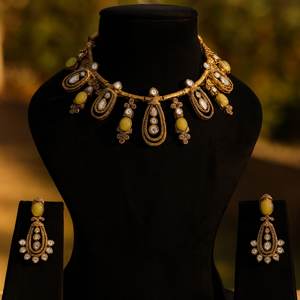 Aanura Kundan Necklace with Olive Green Stone Drops