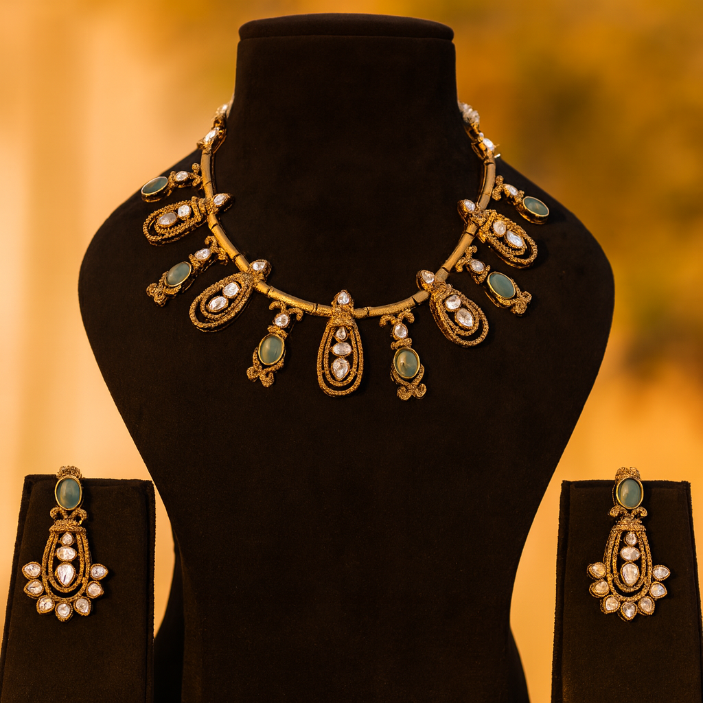 Aanura Kundan Necklace with Olive Green Stone Drops