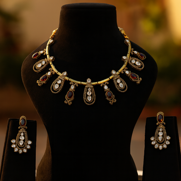 Aanura Kundan Necklace with Olive Green Stone Drops