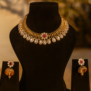 Aanura Kundan Choker Necklace with Floral Design & Earrings