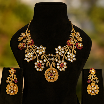 Aanura Floral Kundan Bridal Necklace Set with Earrings