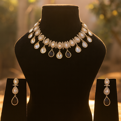 Aanura Teardrop Kundan Necklace with Dual-Tone Drops & Earrings
