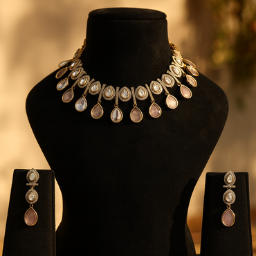 Aanura Teardrop Kundan Necklace with Dual-Tone Drops & Earrings