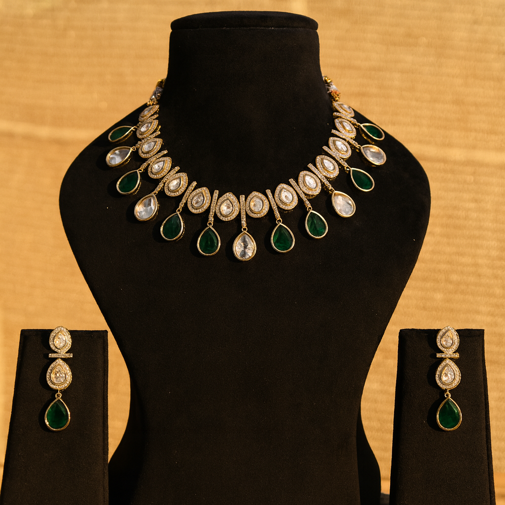 Aanura Teardrop Kundan Necklace with Dual-Tone Drops & Earrings