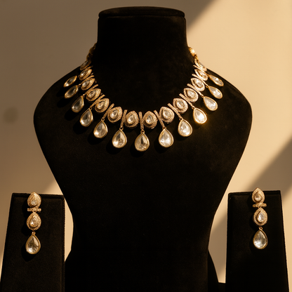 Aanura Teardrop Kundan Necklace with Dual-Tone Drops & Earrings