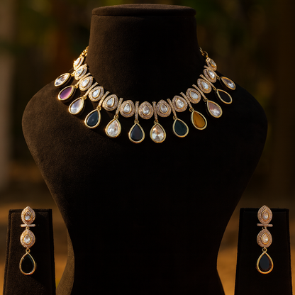 Aanura Teardrop Kundan Necklace with Dual-Tone Drops & Earrings