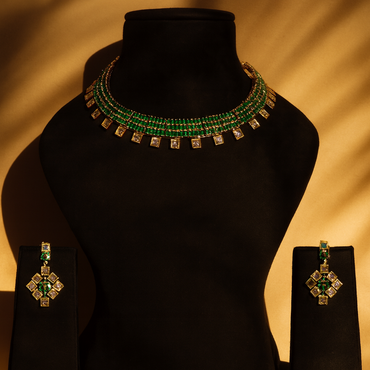 Aanura Green Beaded Choker Necklace Set with Earrings