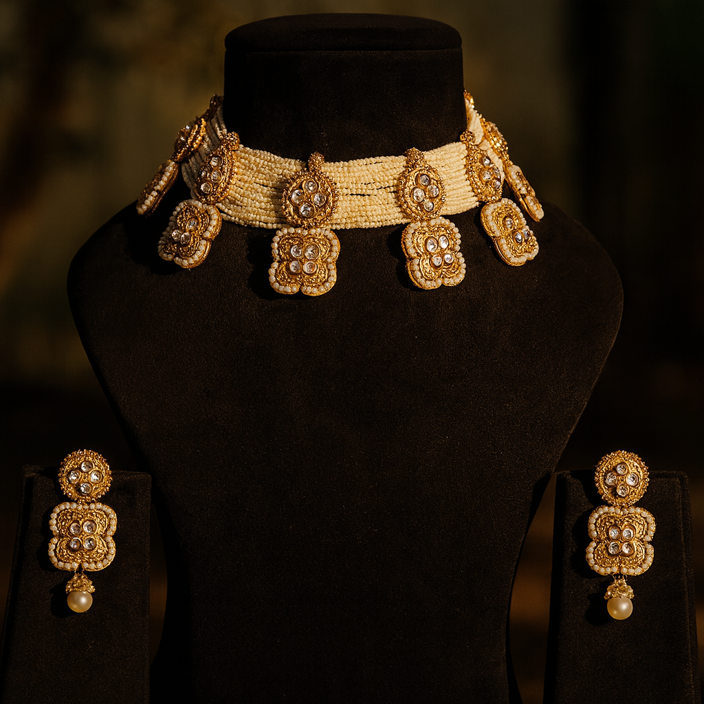 Aanura White Beaded Kundan Choker Necklace with Motifs