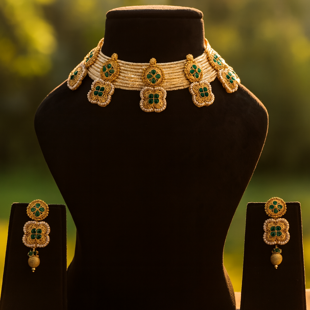 Aanura White Beaded Kundan Choker Necklace with Motifs