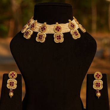 Aanura White Beaded Kundan Choker Necklace with Motifs