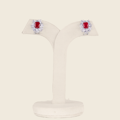 Aanura Red Gemstone Floral Halo Stud Earrings