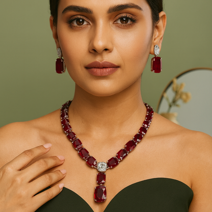 Aanura Deep Red Drop Crystal Necklace Set Stainless Steel