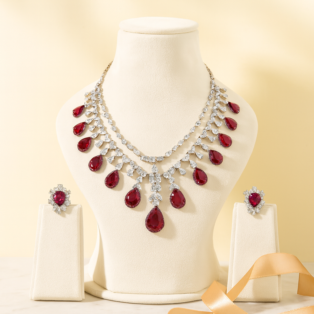 Aanura Ruby Teardrop Layered Necklace Set Stainless Steel