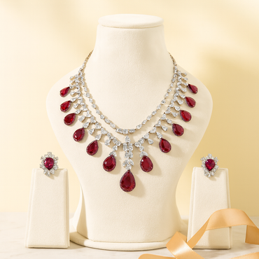 Aanura Ruby Teardrop Layered Necklace Set Stainless Steel