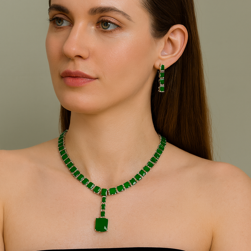 Aanura Deep Red Drop Crystal Necklace Set Stainless Steel