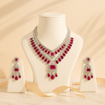 Aanura Ruby Red Bridal Necklace Set in Stainless Steel
