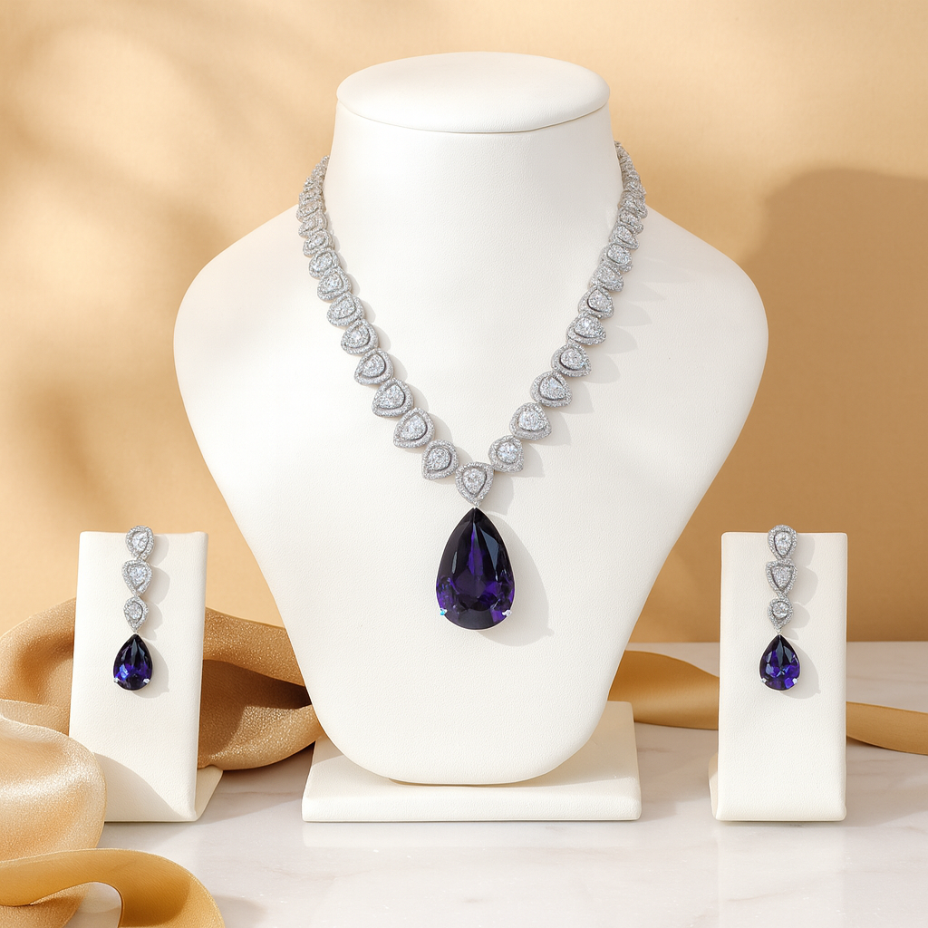Aanura Purple Teardrop Crystal Necklace Set