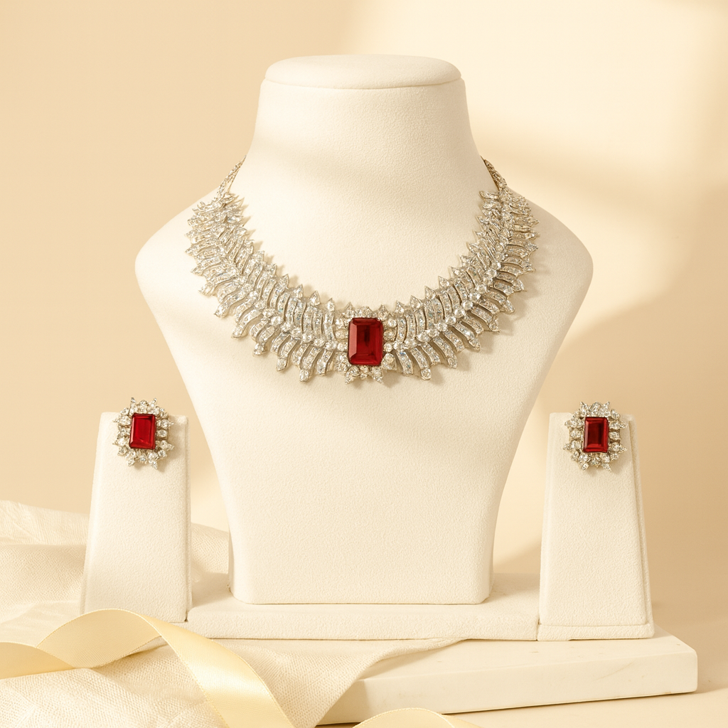 Aanura Ruby Emerald-Cut Necklace Set in Stainless Steel